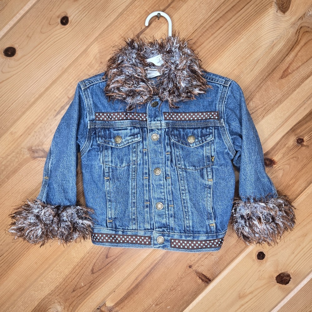 Y2K Faded Glory Denim Jacket Fur Trim Rhinestones Sz 24 Months Baby‎